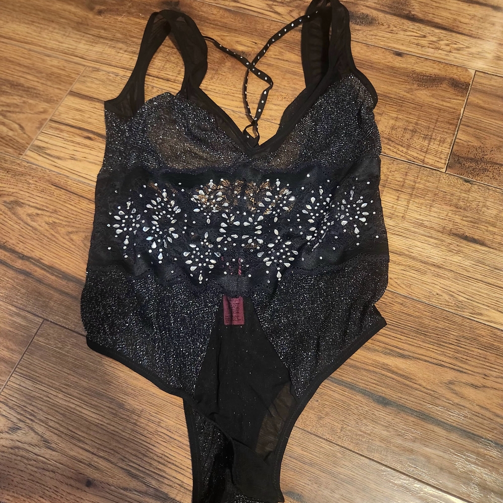 La SENZA Black Sheer Bodysuit with Silver Accents